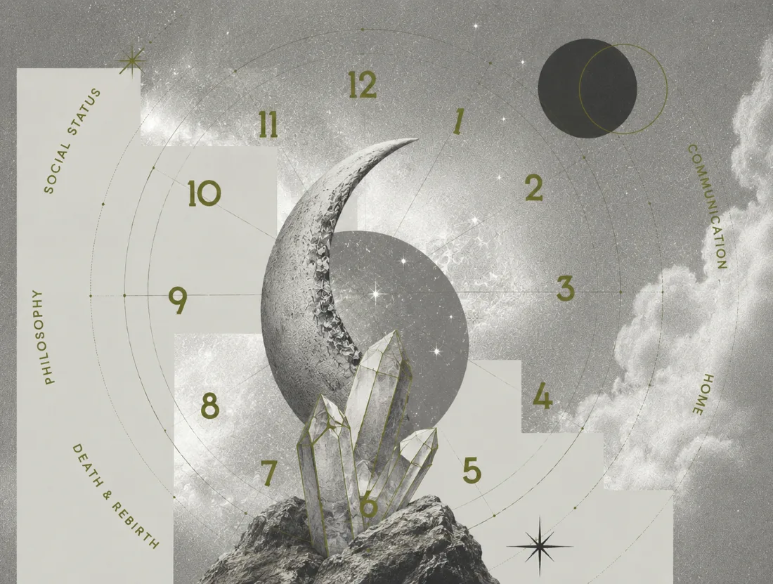 Celestial numerology artwork with moon, crystals and cosmic symbols